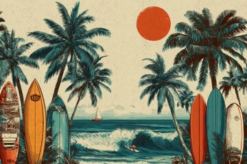 Beautiful ocean scene with surfer catching a wave, palm trees, several colorful surfboards, a sailboat and a large sun under a clear sky at daytime