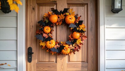 Autumn Halloween Wreath on Wooden Door