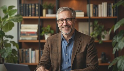Middle-aged man with glasses smiles warmly from desk, surrounded by books, plants in contemporary office setting. Wears blazer, projecting professionalism, confidence in inviting workspace.