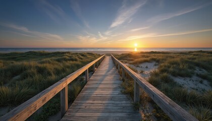 Fototapeta premium Wooden walkway over grassy dunes leads to serene beach at sunset. Ocean horizon glows with warm light under blue sky. Coastal pathway offers peaceful seaside escape and natural beauty.