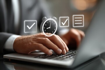 Businessman using laptop for task management and planning, clock and checklist icons display efficiency and productivity in office environment