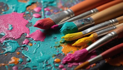 Obraz premium Assorted paintbrushes with colorful bristles rest on surface splattered with vibrant pink, turquoise, orange paint. Wooden handles, metal ferrules visible. Messy, abstract composition evokes