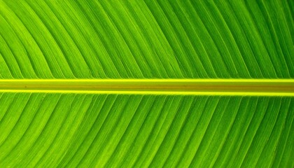 Close Up of Vibrant Green Banana Leaf Texture Displaying Detailed Veins Pattern