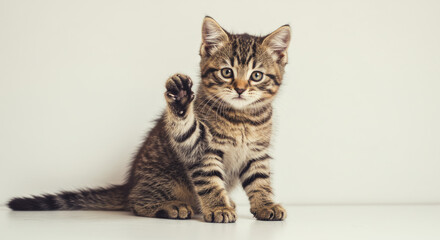 Adorable Tabby Kitten Waving Paw Looking Directly at the Camera.
