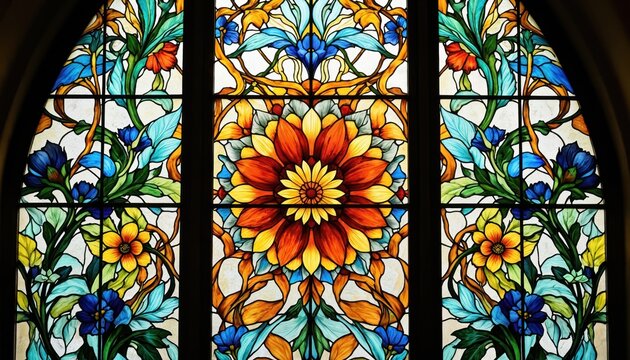 Intricate stained glass window featuring floral motifs, vibrant colors. Crafted with glass, mosaic techniques, architectural decoration colorful seamless patterns, detailed illustrations of flowers,
