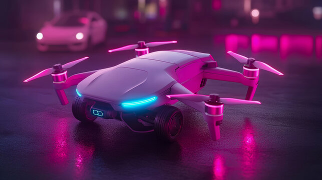 Sleek Futuristic Hybrid Drone-Car Concept with Glowing Neon Lights on a Wet Urban Street at Night