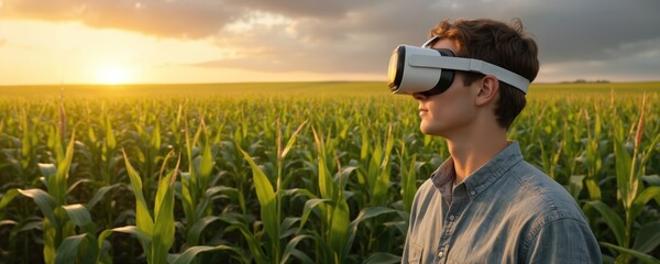 Young farmer wearing VR headset in cornfield at sunset. Explores future farming with virtual reality tech. Focused on crop growth, harvest, and agricultural innovation.