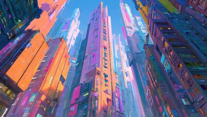 Futuristic Cityscape Low Angle View of Vibrant Towers