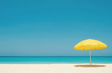 Bright yellow umbrella rests on pristine white sand beach, providing shade under clear, vast blue sky. Calm turquoise ocean meets horizon, suggesting perfect summer day for relaxation, seaside