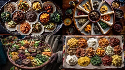 Fototapeta premium Diverse array of Ethiopian food dishes served on various platters