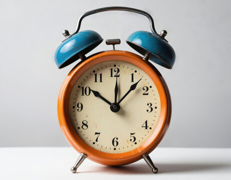 Retro orange alarm clock with twin bells, showing time 10 10. Classic analog timepiece with vibrant color. Minimalist design on clean white background. Perfect for wake up, morning routines, time