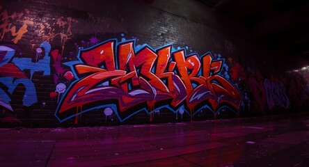 Vibrant Graffiti Art on a Brick Wall in a Dark Urban Setting