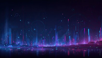 Futuristic cityscape at night, vibrant colors, digital elements