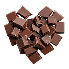 Broken chocolate pieces arranged in a heart shape isolated on a transparent background.