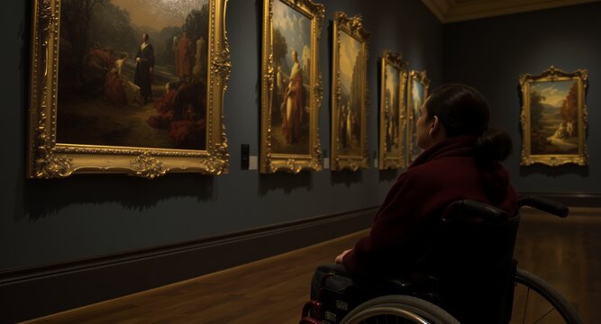 Thoughtful moment of a wheelchair user appreciating classic art in a dimly lit museum gallery