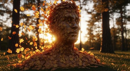 Autumn Transformation Conceptual Figure Adorned with Golden Leaves in Sunlight Forest