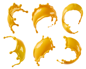 Dynamic yellow liquid splashes frozen in mid-air creating energetic, vibrant abstract fluid motion art