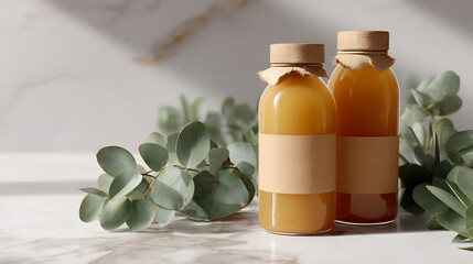 Two juice bottles stand elegantly with greenery, embodying natural freshness and health-conscious choices.