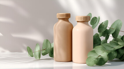 Minimalist bottles with natural accents. Elegant container for cosmetic products. Beauty essentials.