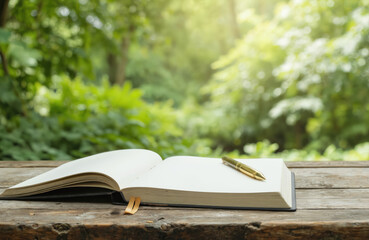 Open journal, pen rest on weathered wooden table, set against backdrop of green nature. Sunlight filters through leaves, creating serene atmosphere for writing, reflection, mindfulness practices.