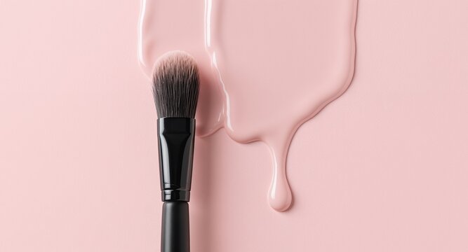 Black Cosmetic Makeup Brush with Dripping Pink Liquid Product on a Clean Pastel Background Bea