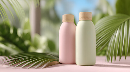 Two bottles with natural wooden caps. Serene tropical background with green foliage.