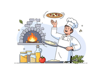 Flat illustration of a cheerful chef in a white uniform and hat tossing a pizza near a fiery brick oven, with tomato, herbs, and ingredient jars on a counter