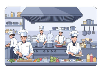 
Flat illustration of a busy restaurant kitchen with chefs preparing various dishes, perfect for depicting teamwork and the culinary industry