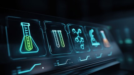 デジタルディスプレイに表示された科学実験器具と化学構造のアイコン | Digital display showing scientific laboratory equipment and chemical structure icons