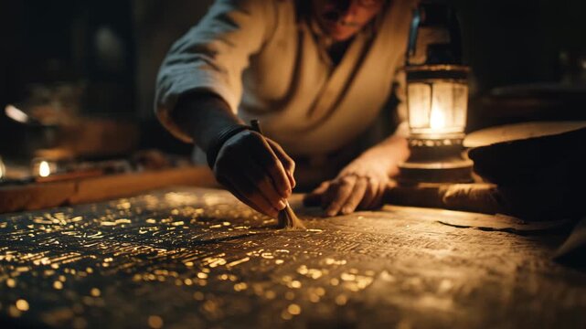 Cinematic shot of a modern archaeologist brushing ancient hieroglyphs by lantern light deep inside a newly opened tomb