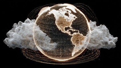 Digital globe surrounded by a cloud, illuminated with glowing lines