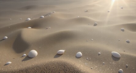 Serene Sandy Beach with Scattered Seashells and Golden Sunlight