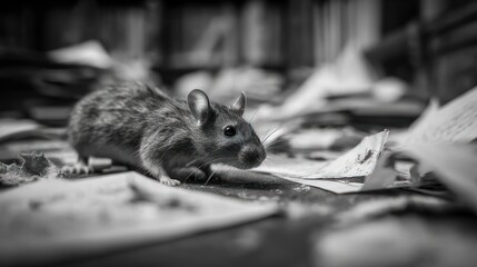 Small mouse on a chaotic, cluttered desk covered in papers and books, grayscale