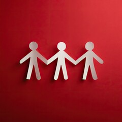 Teamwork, paper people holding hands, red background, unity concept