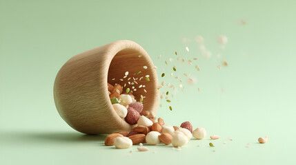Nutty Mix: An overflowing wooden bowl spilling out almonds, hazelnuts, and other treats on a pastel surface.