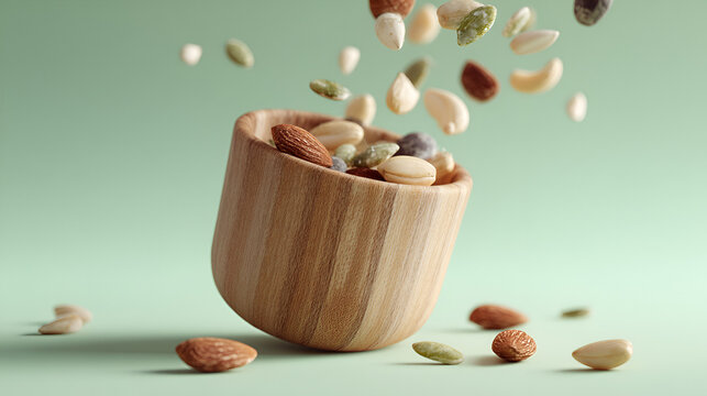 Nutrient-Rich Mix: Seeds & Nuts fall into a wooden bowl, a source of healthy fats and protein. - Powered by Adobe