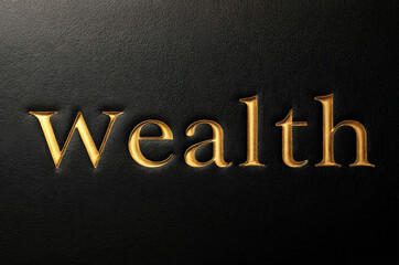 Embossed gold WEALTH text on dark textured leather background. Luxurious, elegant design signifies prosperity, success, high-end living. Sophisticated, opulent, refined presentation of financial