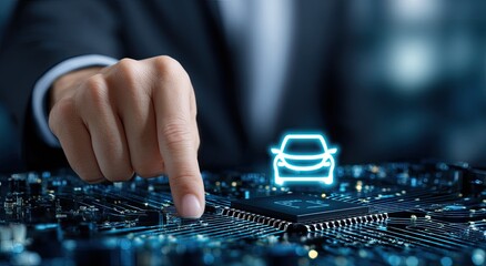 Business hand touching a car icon over a circuit board