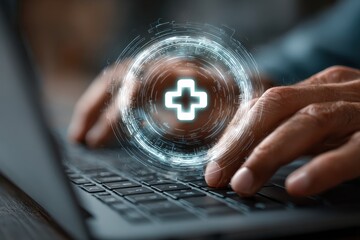 Person uses a keyboard with a digital plus sign over the finger, symbolizes adding a new feature or an increase, close up