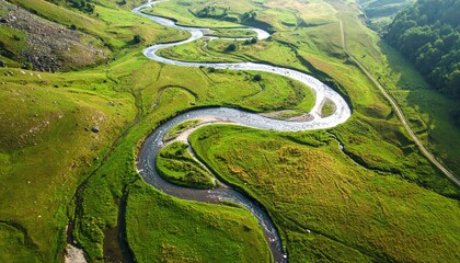 Aerial View Of Winding River Through Lush Green Valley