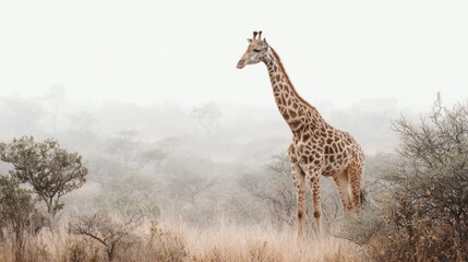 Obraz premium Lone giraffe stands tall, gazing off, amid fog and trees, in a monochrome, savanna setting