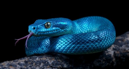 Fototapeta premium Vibrant Blue Viper on Branch Tongue Flicking Dark Background