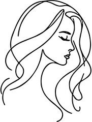 Silhouette of beautiful girl in profile with long hair,A beautiful woman with long black hair is isolated on white background,Long Hair Blowing, Line Art, Minimalist Style
