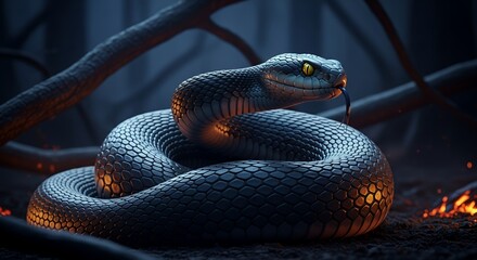 Fototapeta premium Venomous Snake in Dark Forest Firelight