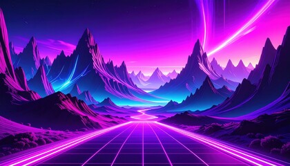 Pixelated Retro Futuristic Landscape With Neon Lights