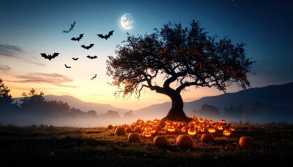 Halloween Night with Spooky Jack-O'-Lanterns and Bats