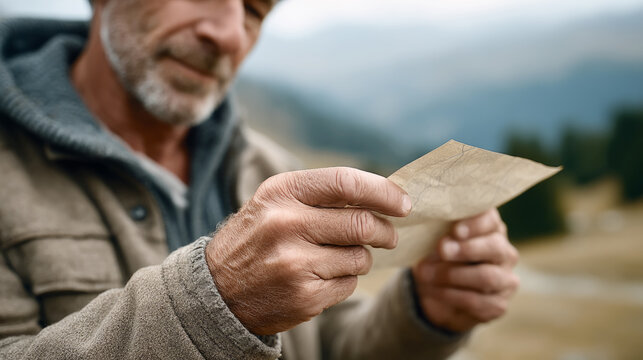 Hiker navigating map in windy mountain landscape for outdoor adventure