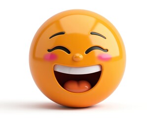 Fototapeta premium 3D orange emoji with closed eyes, rosy cheeks, laughing heartily with wide open mouth, showing teeth. Digital illustration featuring cheerful, joyful, funny cartoon character isolated on white