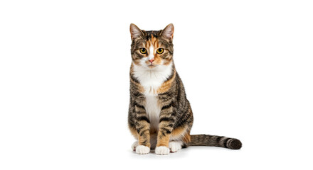 Obraz premium Beautiful Calico Cat Sitting Upright on White Background.