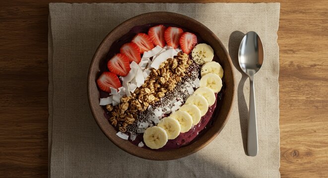 a&ccedil;a&iacute; bowl with fruits, strawberry, banana, and granola